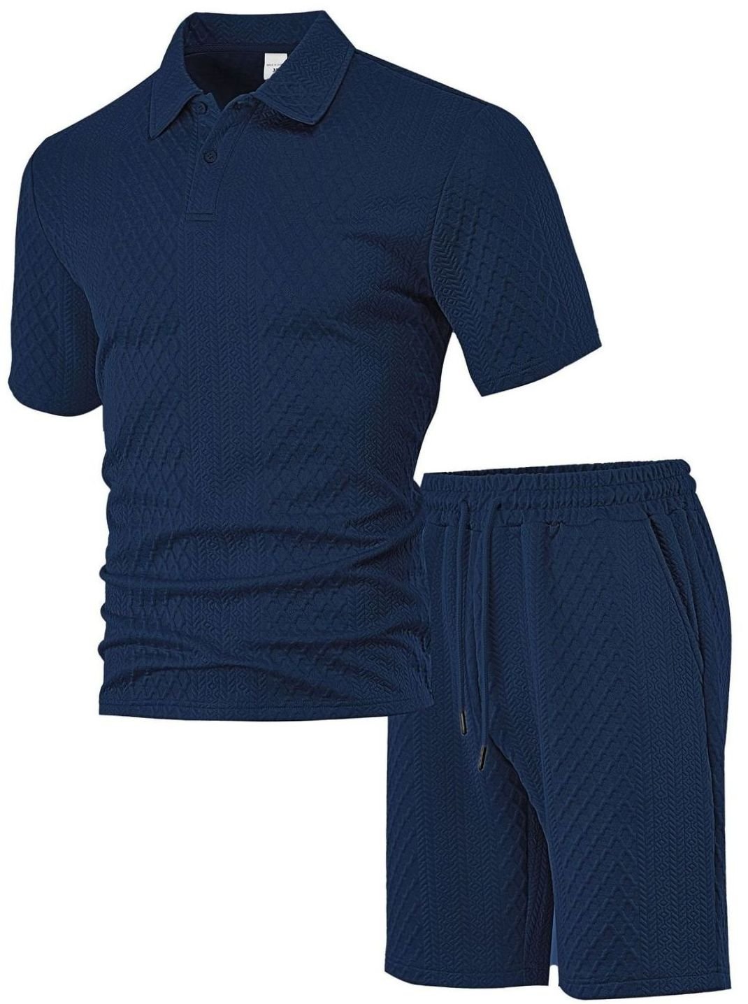 Men's Jacquard Quilted Polo Shirt Bermuda Shorts Set - Navy Blue