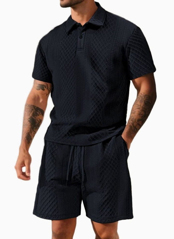 Men's Jacquard Quilted Polo Shirt Bermuda Shorts Set - Navy Blue