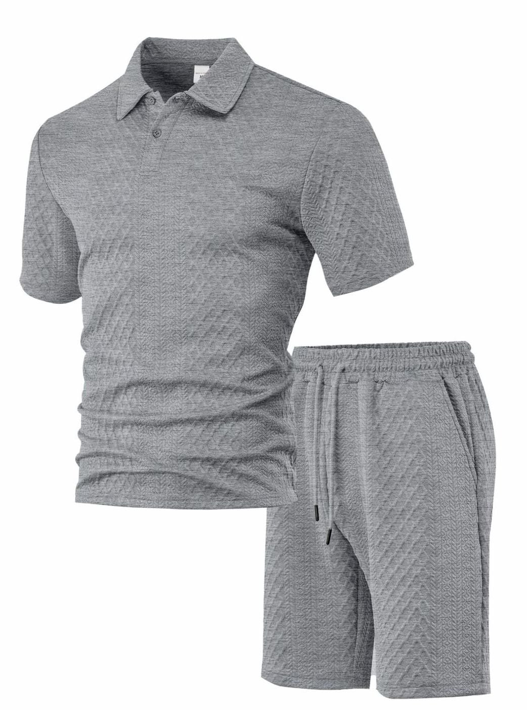 Men's Jacquard Quilted Polo Shirt Bermuda Shorts Set - Light Gray