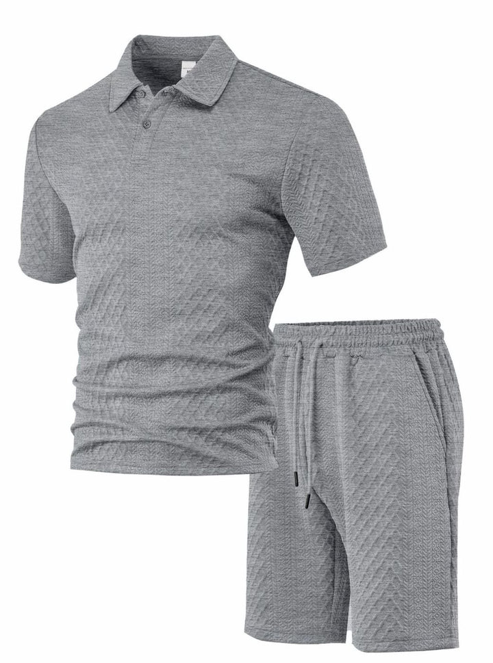 Men's Jacquard Quilted Polo Shirt Bermuda Shorts Set - Light Gray
