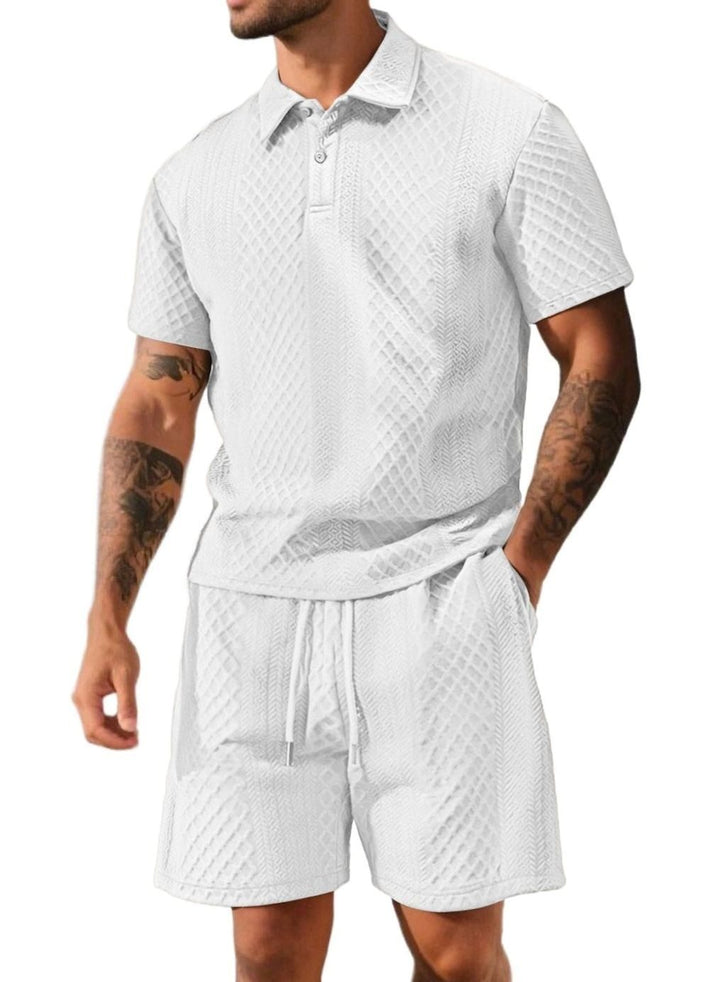 Men's Jacquard Quilted Polo Shirt Bermuda Shorts Set - White