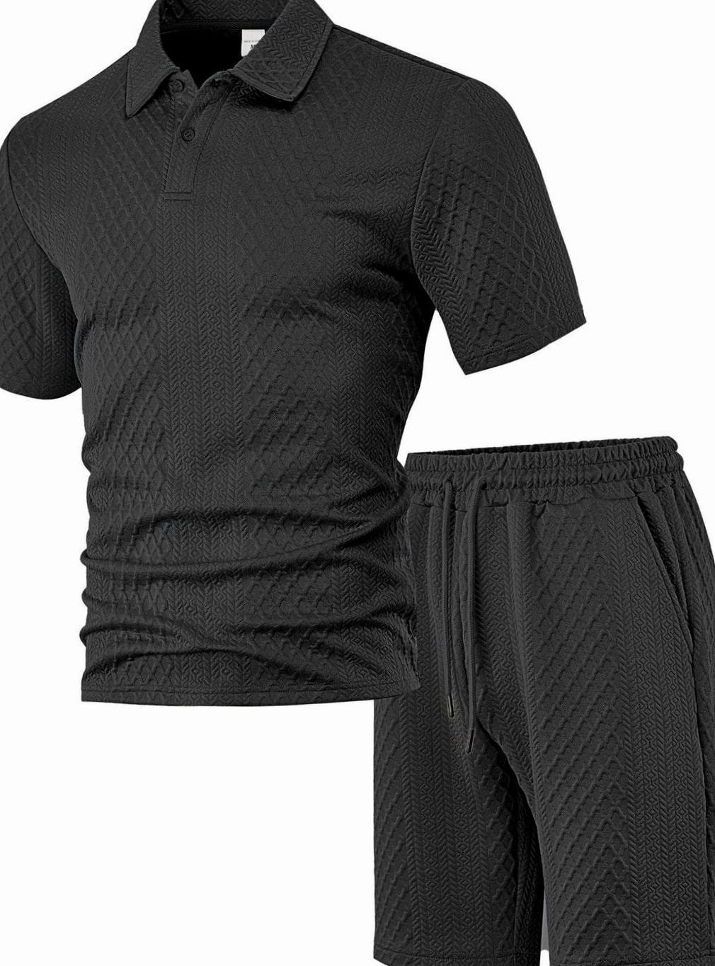 Men's Jacquard Quilted Polo Shirt Bermuda Shorts Set - Black