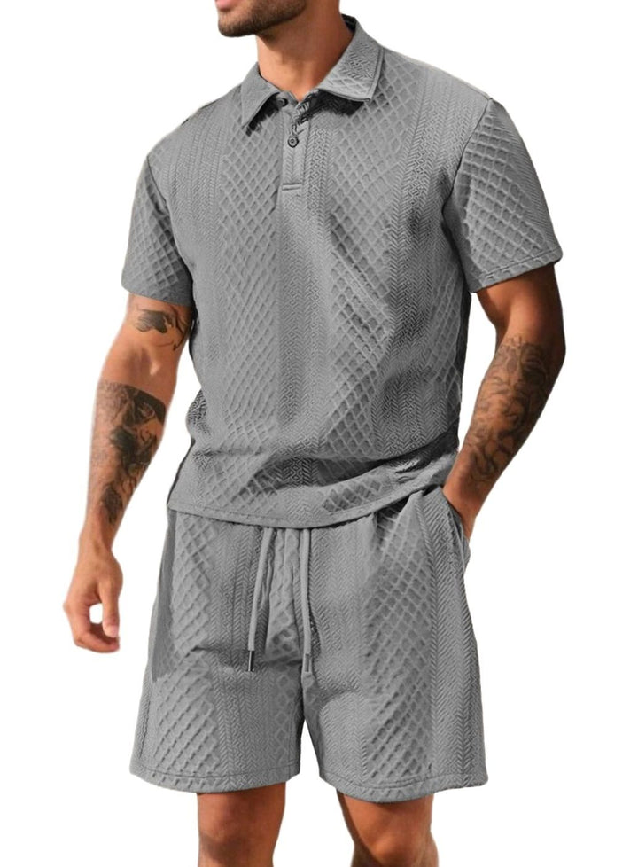 Men's Jacquard Quilted Polo Shirt Bermuda Shorts Set - Light Gray