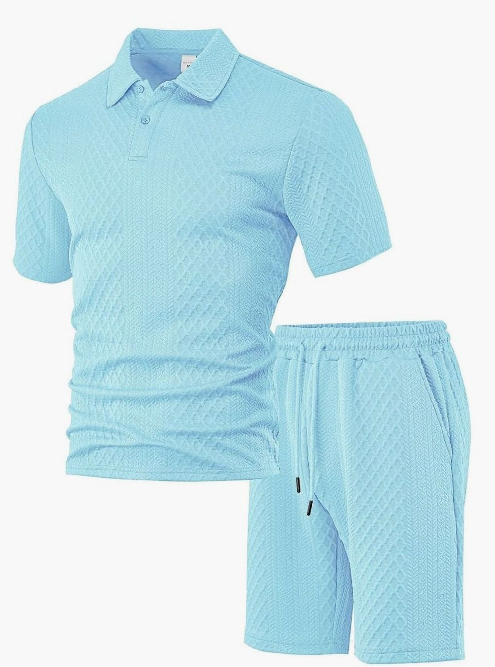 Men's Jacquard Quilted Polo Shirt Bermuda Shorts Set - Light Blue