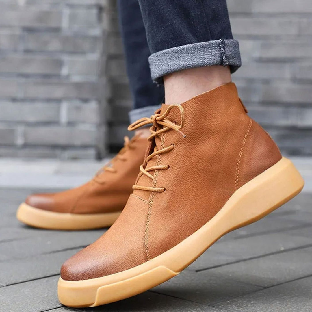 Men's Leather Ankle-Height Lace-Up Boots Cushioned Sole, Tan