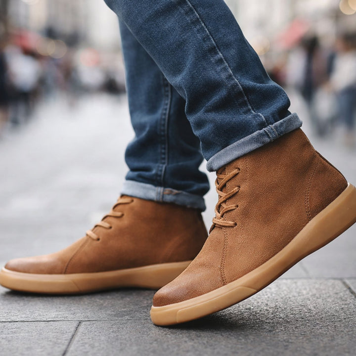 Men's Leather Ankle-Height Lace-Up Boots Cushioned Sole, Tan