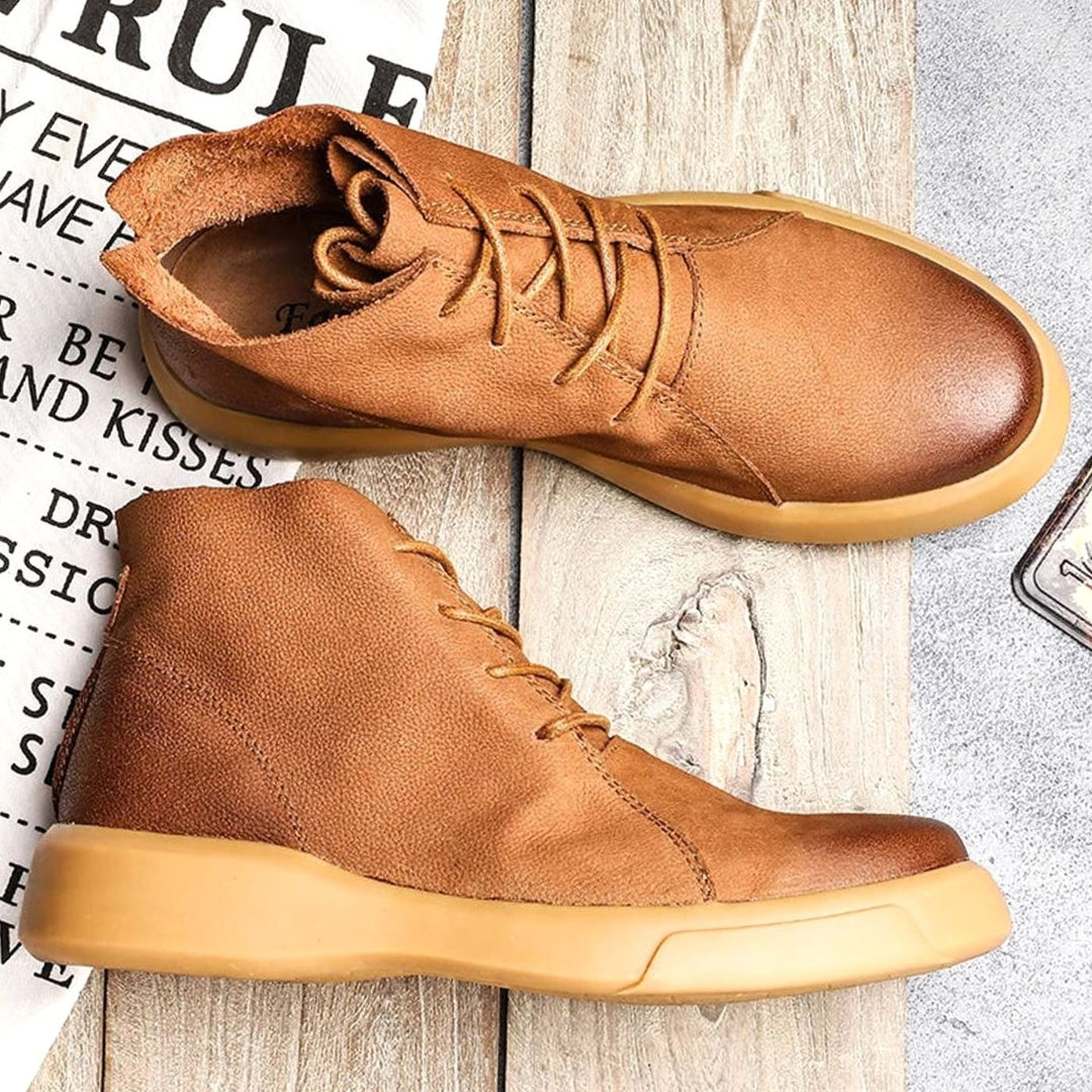 Men's Leather Ankle-Height Lace-Up Boots Cushioned Sole, Tan