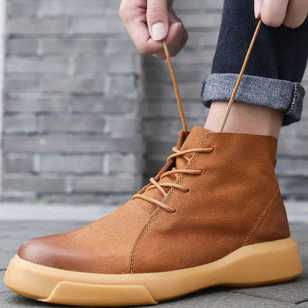 Men's Leather Ankle-Height Lace-Up Boots Cushioned Sole, Tan
