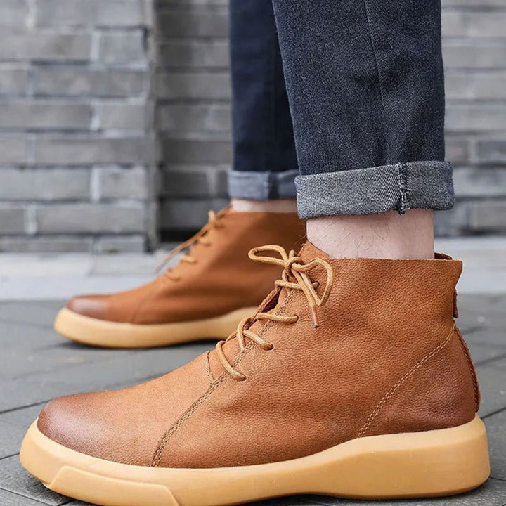 Men's Leather Ankle-Height Lace-Up Boots Cushioned Sole, Tan
