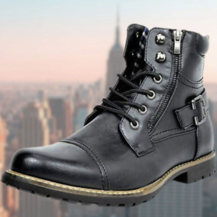 Men's Leather Combat Boots Lace-Up Side-Zip Buckle Strap - Black