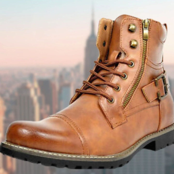 Men's Leather Combat Boots Lace-Up Side-Zip Buckle Strap - Yellow