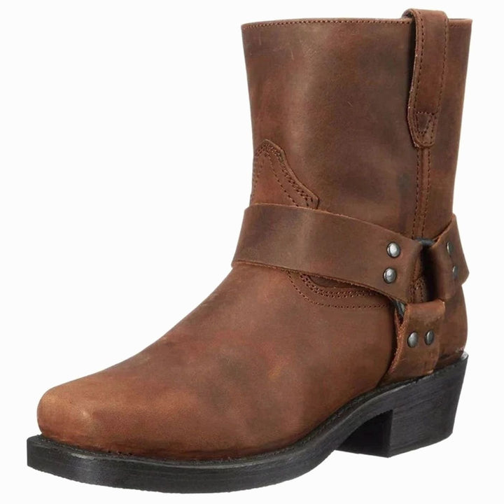 Men's Leather Harness Boots Side-Zip Stacked-Heel Biker Boot, Brown - Brown