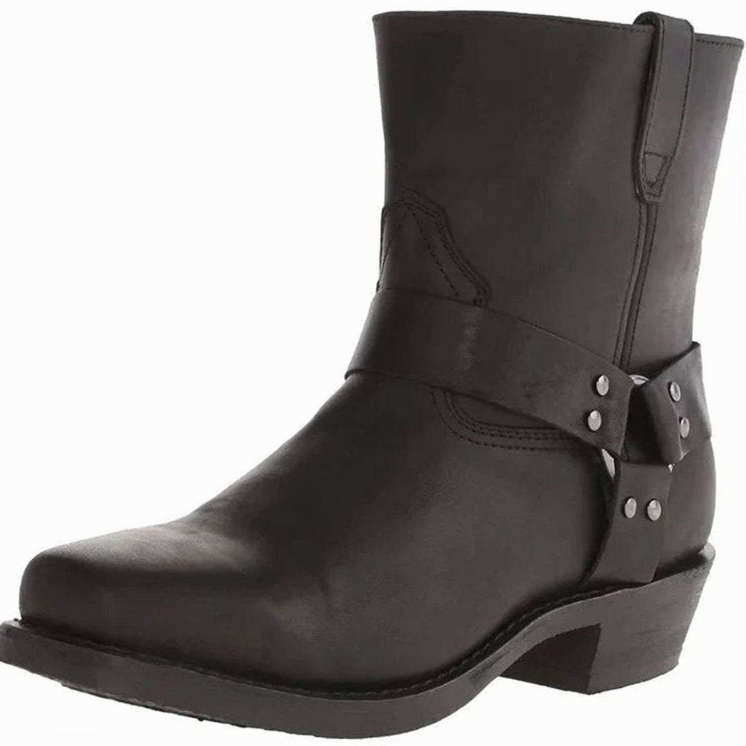 Men's Leather Harness Boots Side-Zip Stacked-Heel Biker Boot, Brown - Black