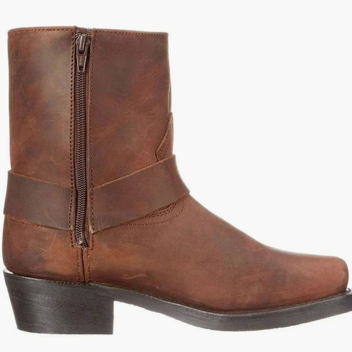 Men's Leather Harness Boots Side-Zip Stacked-Heel Biker Boot, Brown