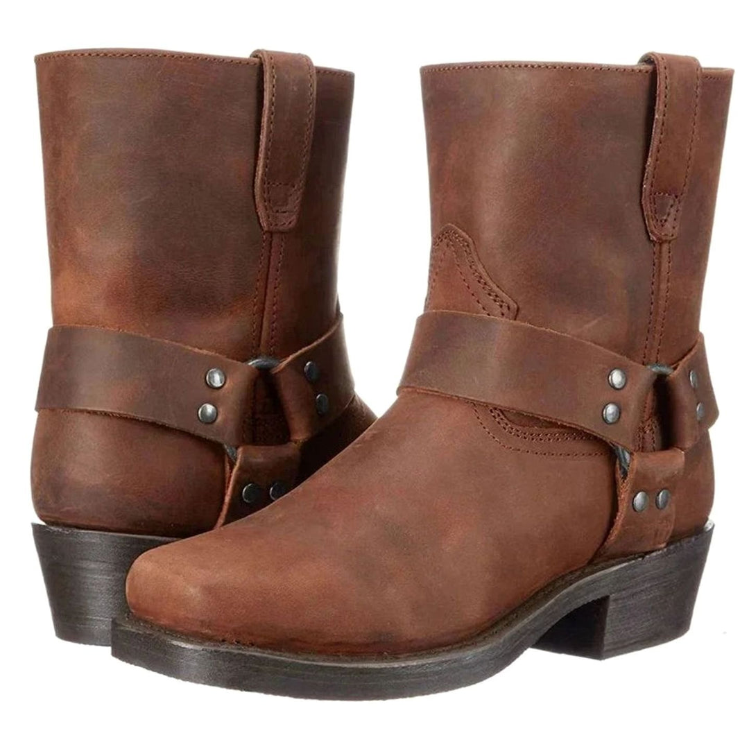 Men's Leather Harness Boots Side-Zip Stacked-Heel Biker Boot, Brown
