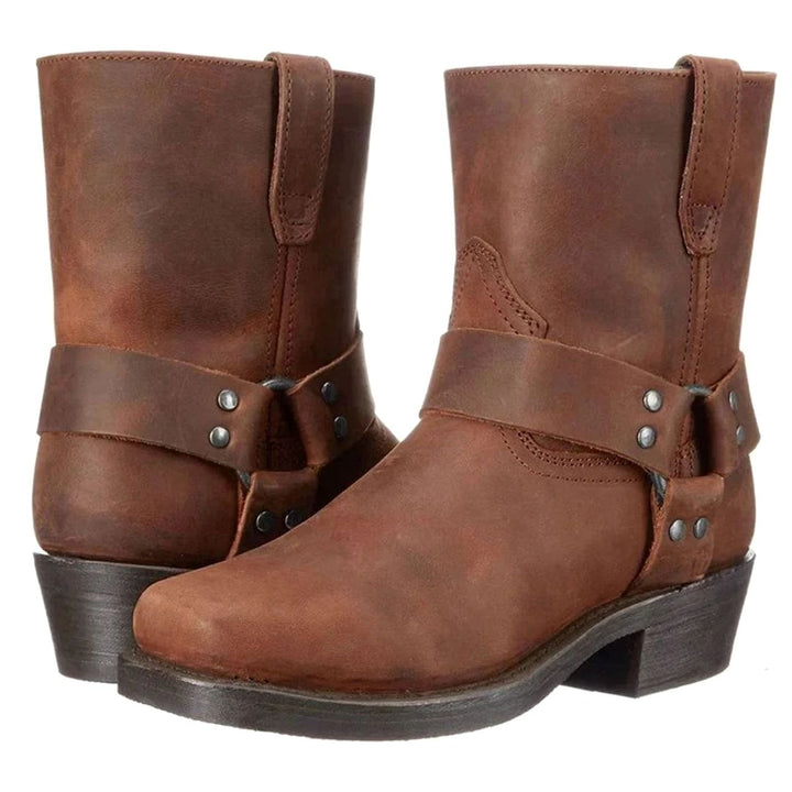 Men's Leather Harness Boots Side-Zip Stacked-Heel Biker Boot, Brown