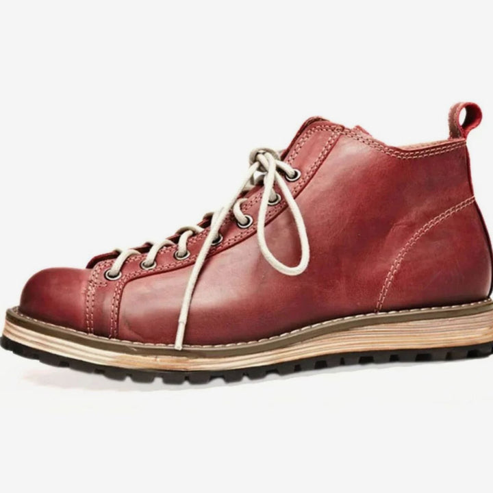 Men's Leather Lace-Up Hiking Boots Lug-Sole Ankle Boot - Red