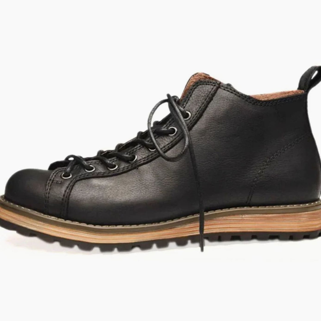 Men's Leather Lace-Up Hiking Boots Lug-Sole Ankle Boot - Black