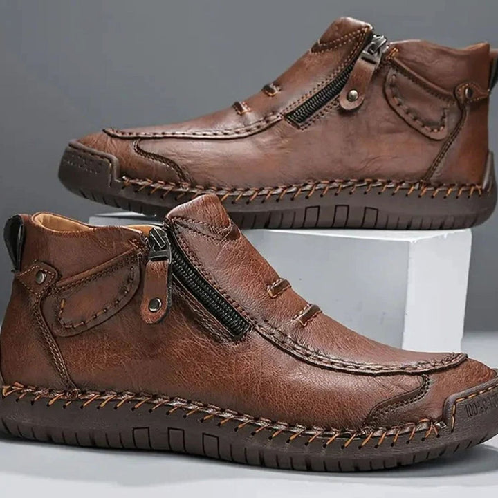 Men's Leather Side-Zip Ankle Boots Cushioned Footbed - Brown
