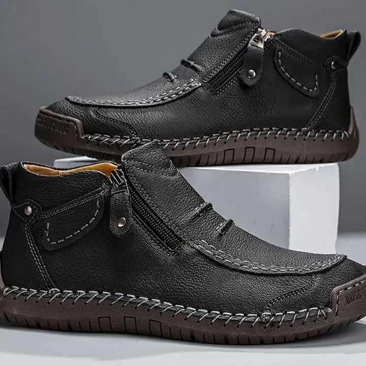 Men's Leather Side-Zip Ankle Boots Cushioned Footbed - Black