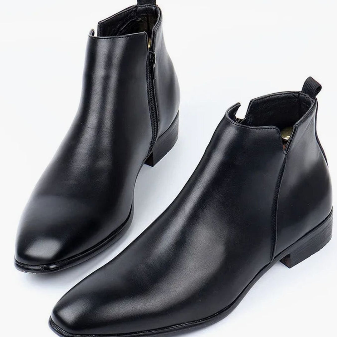 Men's Leather Side-Zip Chelsea Boots Almond Toe Low Heel, Black - Black