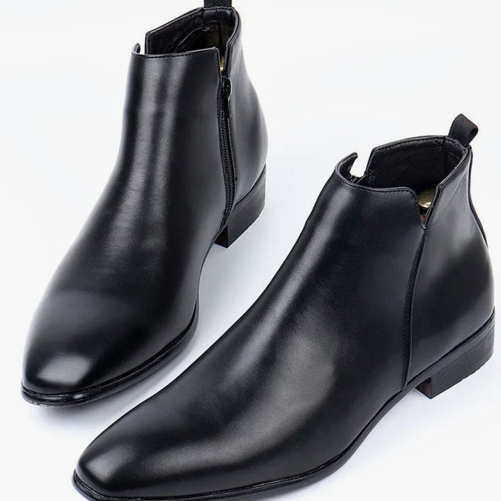 Men's Leather Side-Zip Chelsea Boots Almond Toe Low Heel, Black - Black