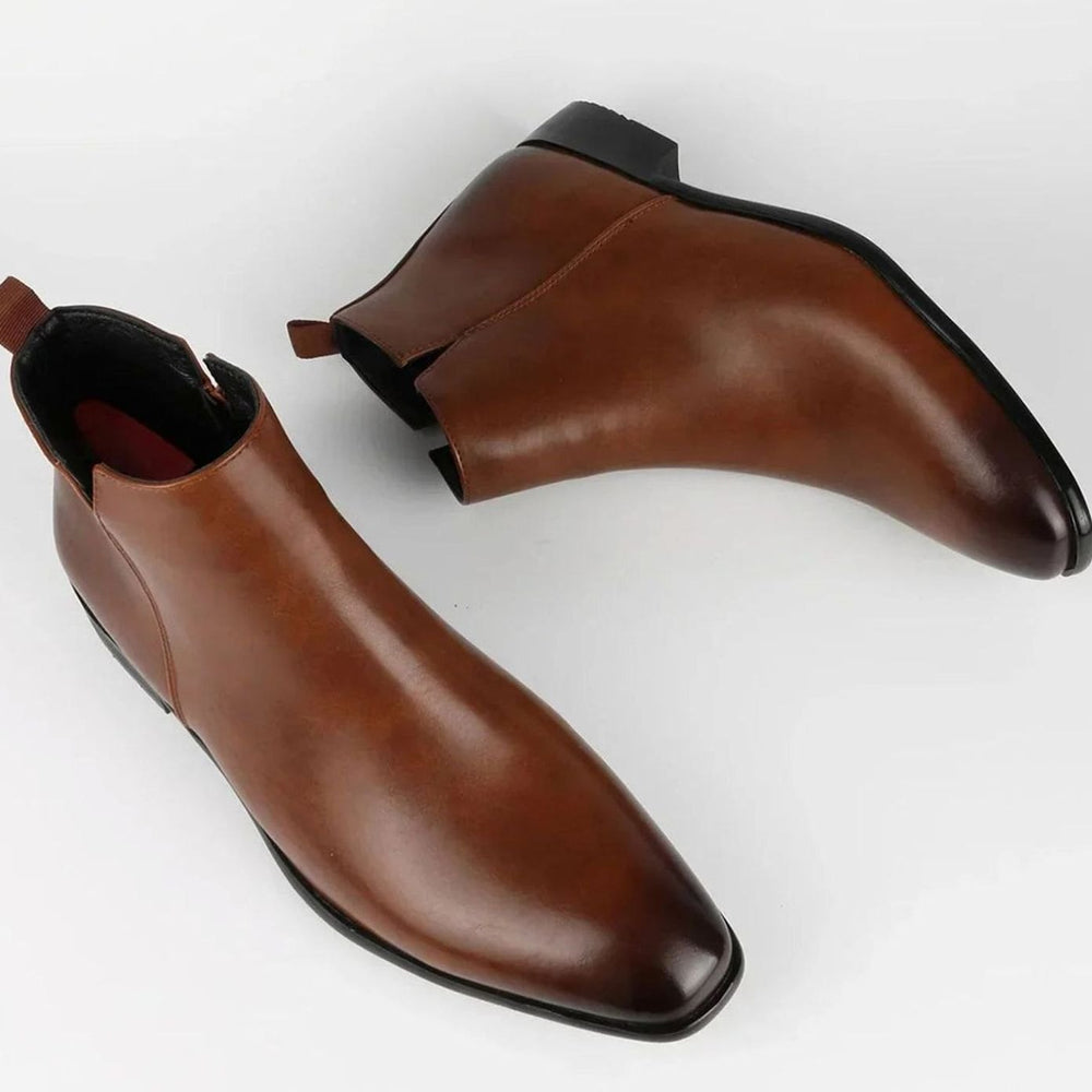 Men's Leather Side-Zip Chelsea Boots Almond Toe Low Heel, Black - Brown