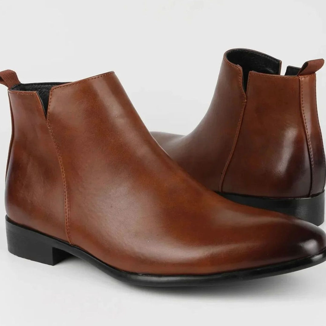 Men's Leather Side-Zip Chelsea Boots Almond Toe Low Heel, Black