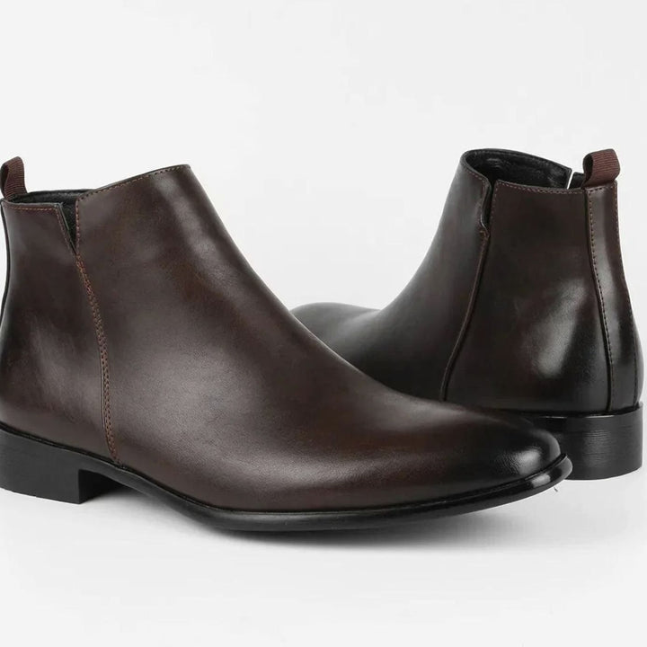 Men's Leather Side-Zip Chelsea Boots Almond Toe Low Heel, Black
