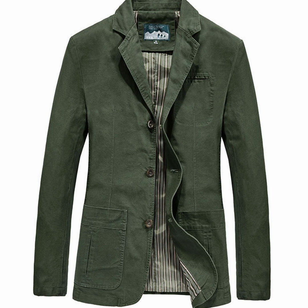 Men's Lightweight Cotton Slim-Fit Blazer Jacket Patch Pockets - Olive Green