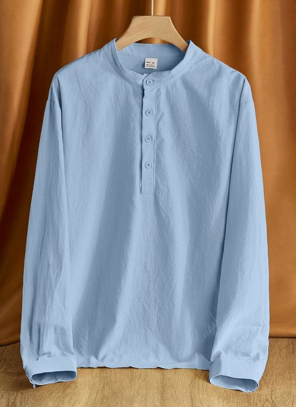 Men's Linen Blend Long Sleeve Henley Shirt Stand Collar - Light Blue