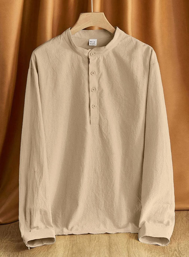 Men's Linen Blend Long Sleeve Henley Shirt Stand Collar - Khaki