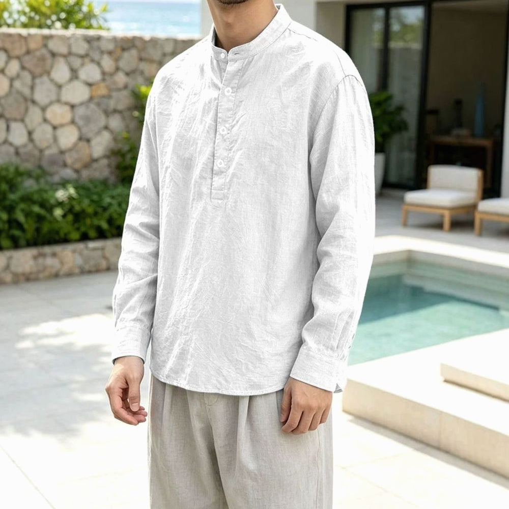 Men's Linen Blend Long Sleeve Henley Shirt Stand Collar