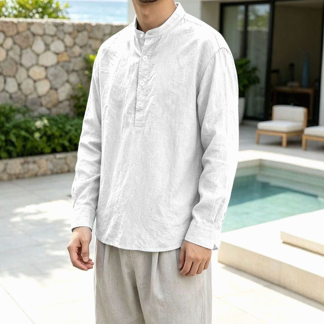 Men's Linen Blend Long Sleeve Henley Shirt Stand Collar