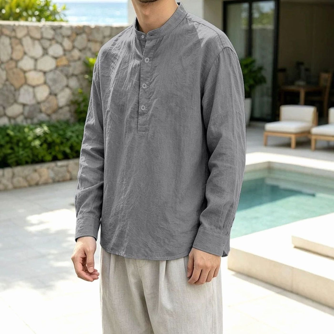 Men's Linen Blend Long Sleeve Henley Shirt Stand Collar