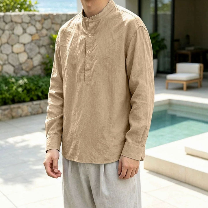 Men's Linen Blend Long Sleeve Henley Shirt Stand Collar