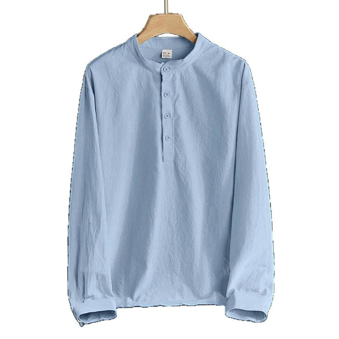 Men's Linen Blend Long Sleeve Henley Shirt Stand Collar