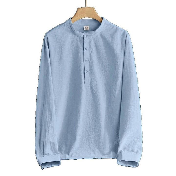 Men's Linen Blend Long Sleeve Henley Shirt Stand Collar