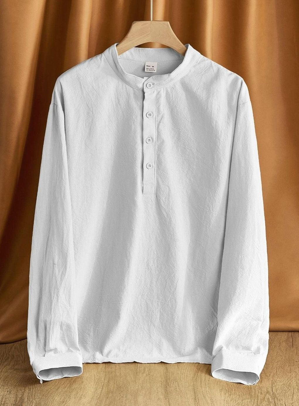 Men's Linen Blend Long Sleeve Henley Shirt Stand Collar - White