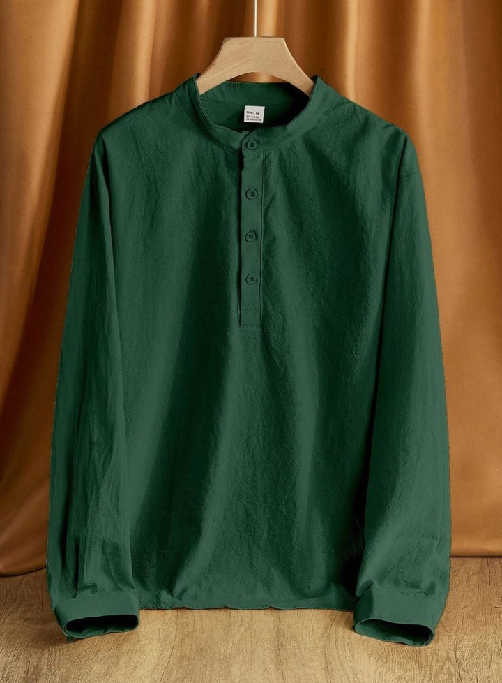 Men's Linen Blend Long Sleeve Henley Shirt Stand Collar - Olive Green