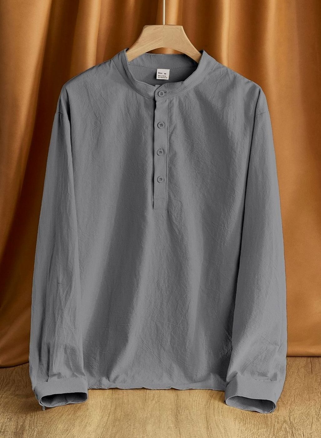 Men's Linen Blend Long Sleeve Henley Shirt Stand Collar - Gray