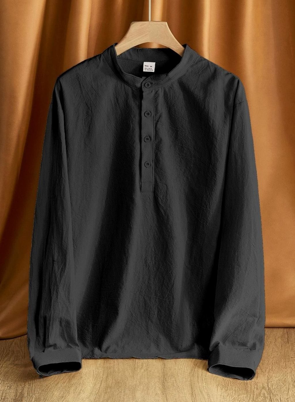 Men's Linen Blend Long Sleeve Henley Shirt Stand Collar - Black