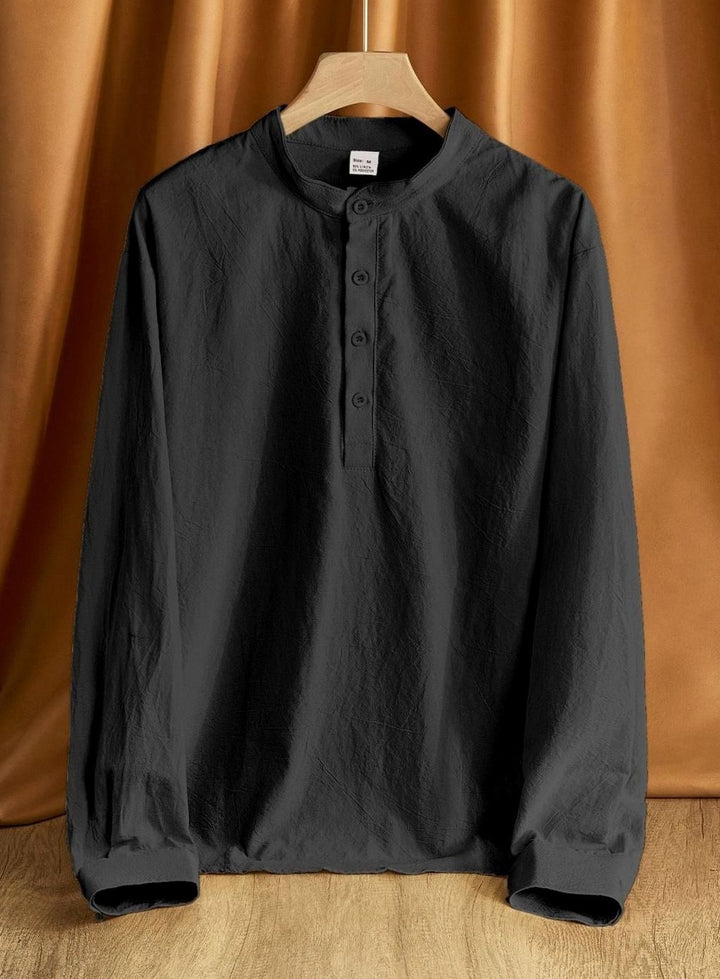 Men's Linen Blend Long Sleeve Henley Shirt Stand Collar - Black