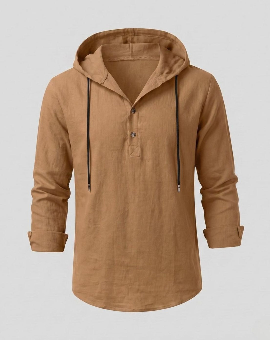 Men's Linen-Cotton Hooded Henley Shirt Relaxed Fit Long Sleeve - Ochre