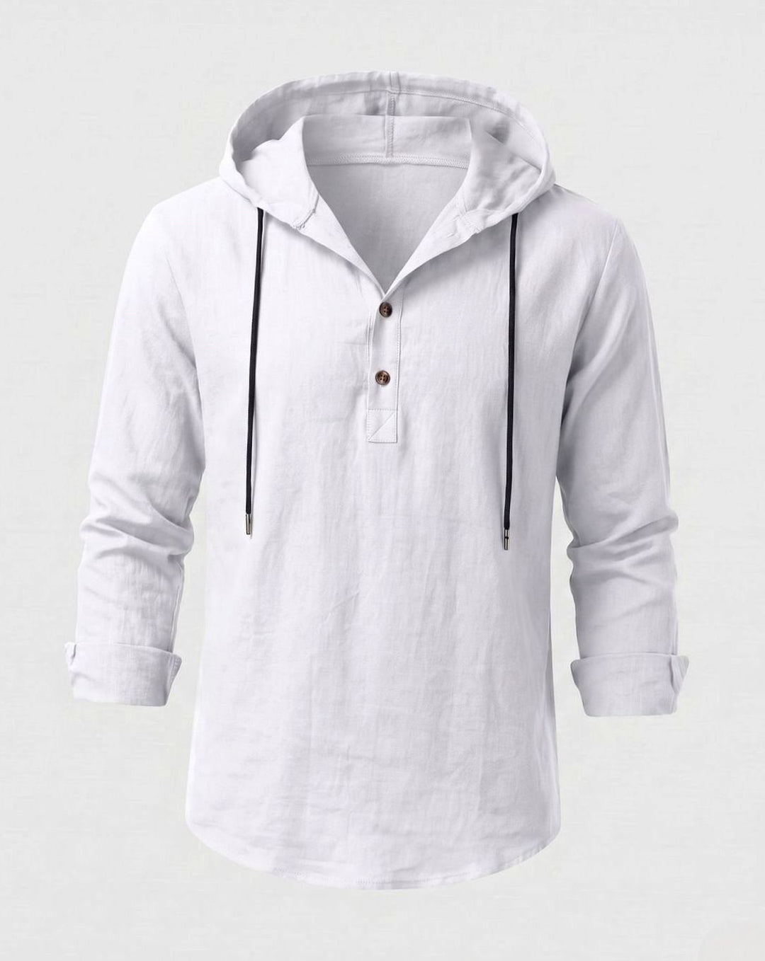 Men's Linen-Cotton Hooded Henley Shirt Relaxed Fit Long Sleeve - White