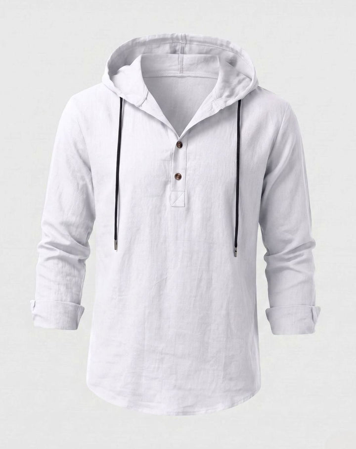 Men's Linen-Cotton Hooded Henley Shirt Relaxed Fit Long Sleeve - White