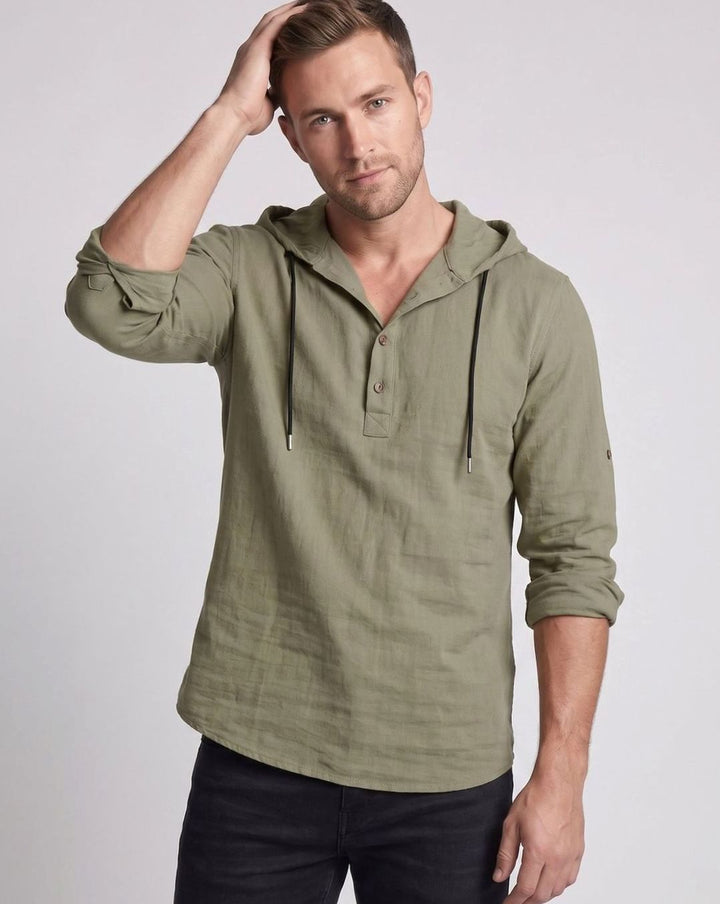 Men's Linen-Cotton Hooded Henley Shirt Relaxed Fit Long Sleeve