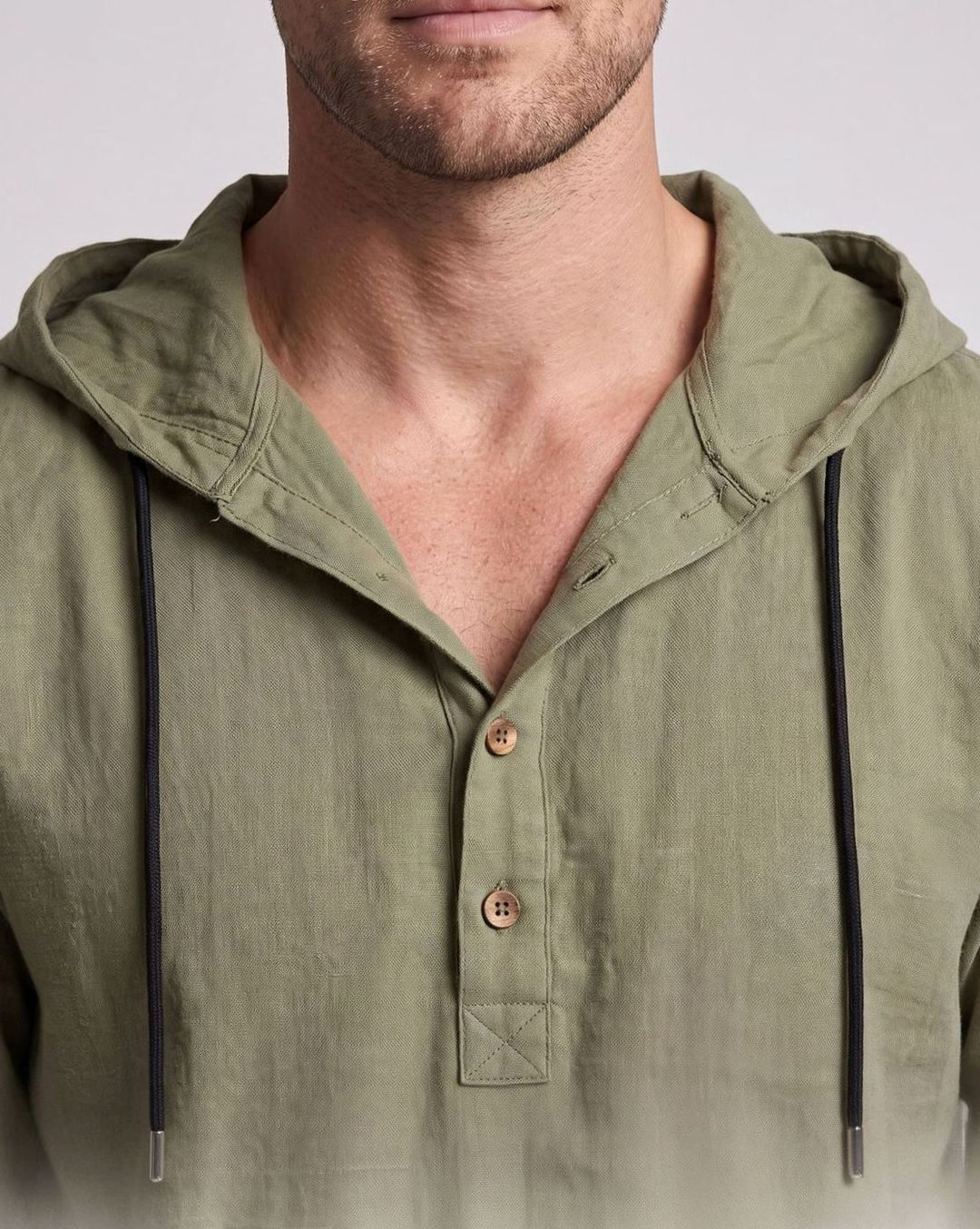Men's Linen-Cotton Hooded Henley Shirt Relaxed Fit Long Sleeve