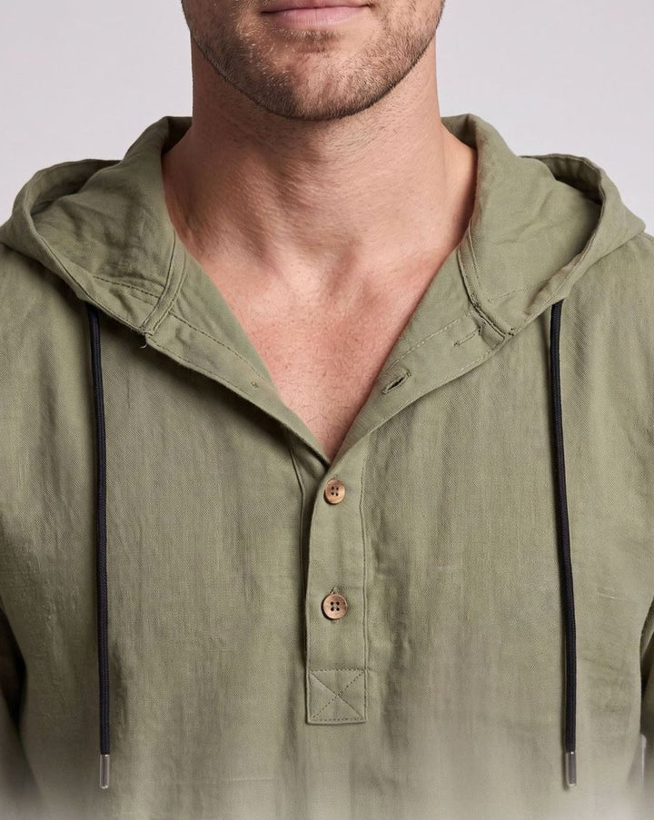 Men's Linen-Cotton Hooded Henley Shirt Relaxed Fit Long Sleeve