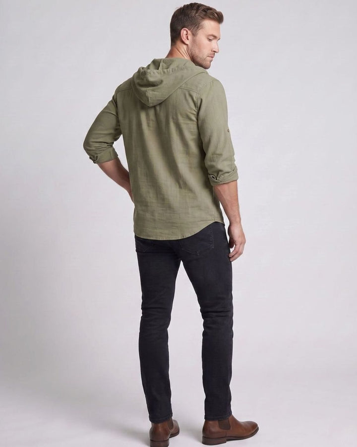 Men's Linen-Cotton Hooded Henley Shirt Relaxed Fit Long Sleeve